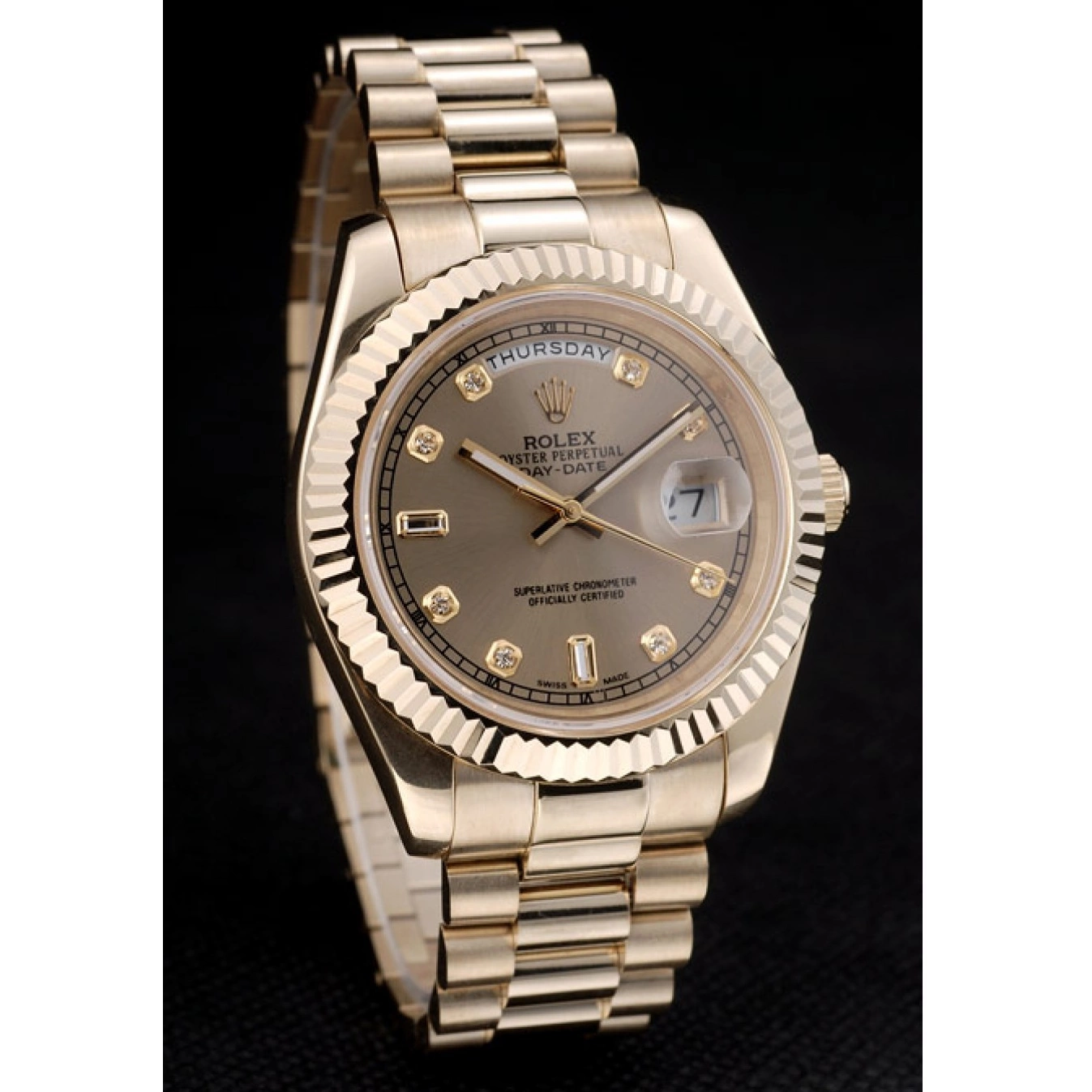 Aaa replica watch Steel Ribbed Swiss Bezel Rolex Gold Dial 41997 Stainless Gold DayDate 0715